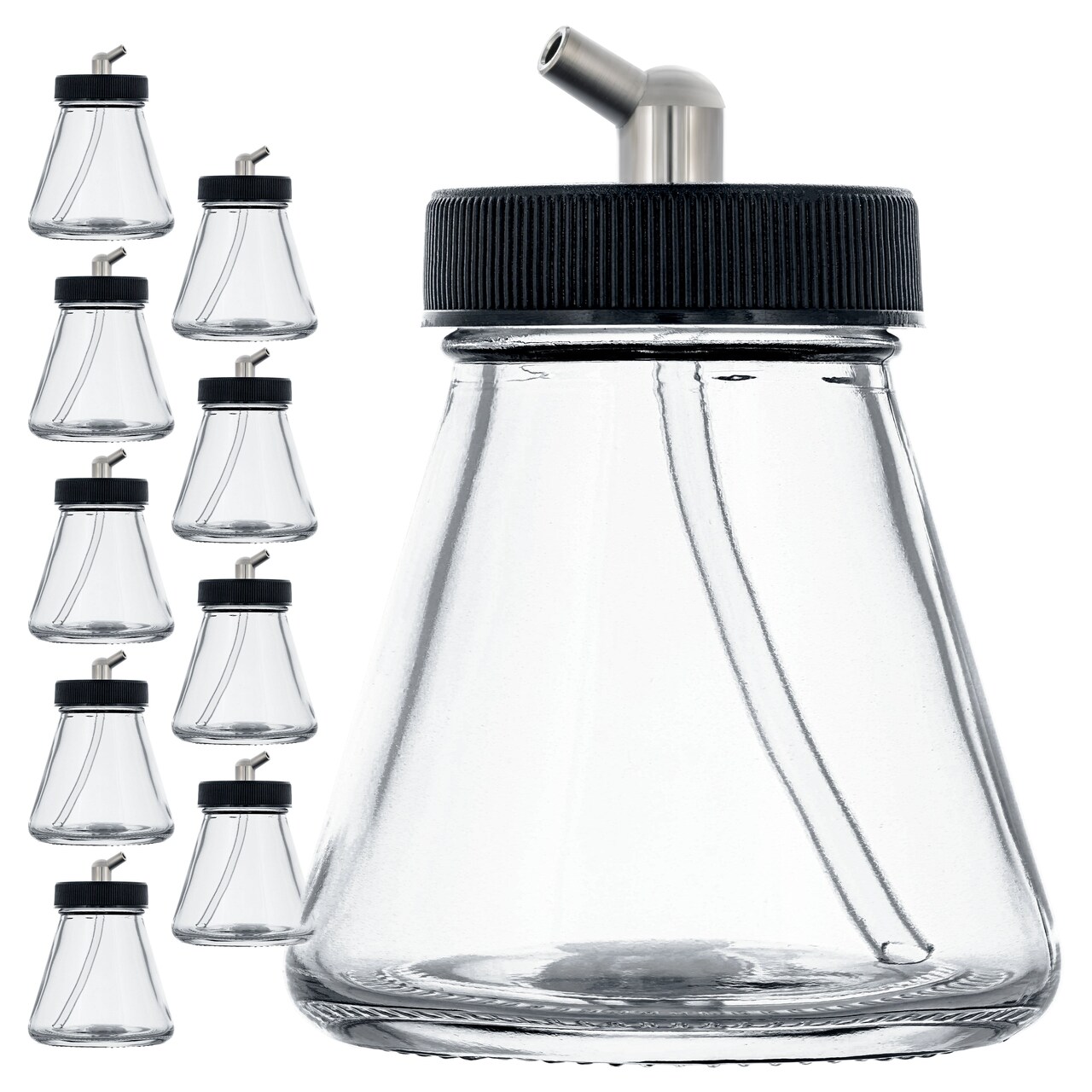 10 Pack Master Airbrush TB-004, 2.7 oz Glass Jar Bottles with 60 Degree Down Angle Adaptor Lid Assembly, Single-Action Siphon